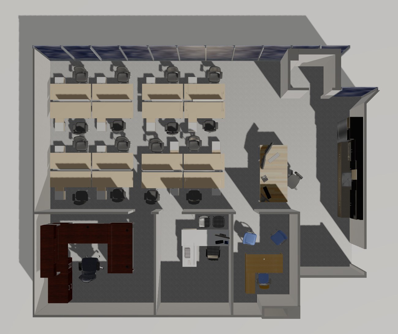 Furnished 3D floor-plan preview of Suite 130 at 11104 West Airport Blvd
