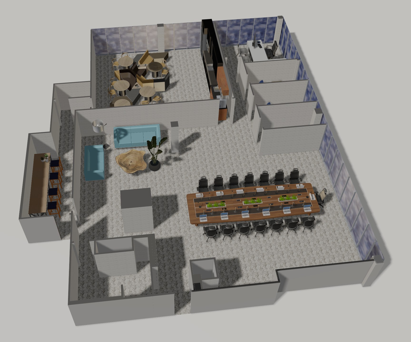 Overhead furnished 3D-tour still of Suite 216 at 11104 West Airport Blvd, a larger suite suited to medical or professional buildout