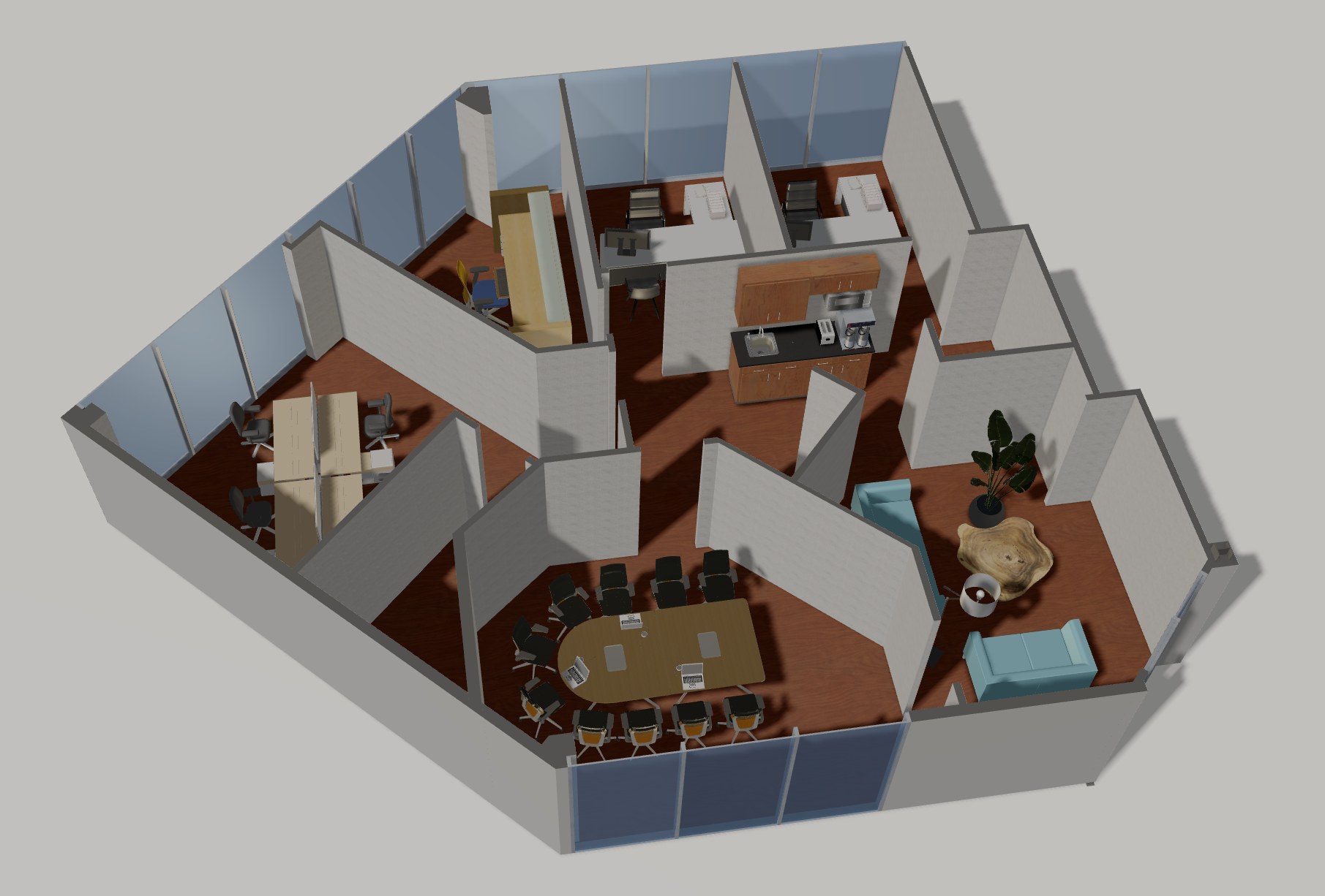 Overhead furnished 3D-tour still of Suite 185 at 800 Wilcrest Dr, staged as a private executive-style office suite